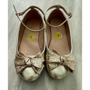 Sugar Kids Gold Glitter Bow Ballet Flats Toddler Size 1 Ankle Strap Shoes